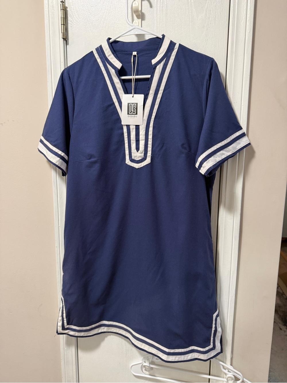 Navy Tunic Dress with White Trim and pockets. NWT